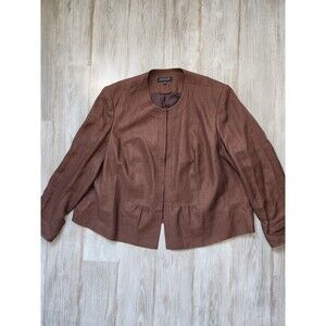 Jones New York Linen Blend Scoop Neck Blazer Hidden Closure Lined Brown Plus 24W